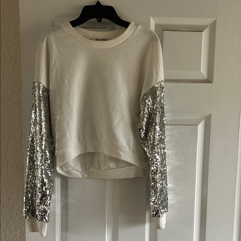 Women's White and Silver Sequin Sleeve Top